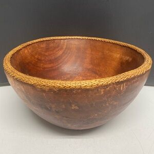Lombok Indonesian Solid Wood Bowl Rattan Basket Hand Carved 11” Diameter
